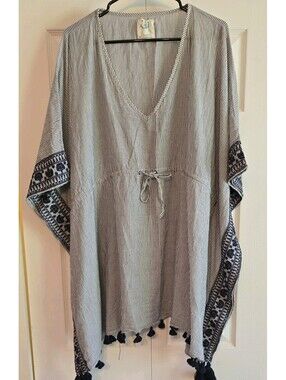 Mermaid Anthropologie Tunic kaftan cover-up Blue Striped Embrodiered M/l Coastal